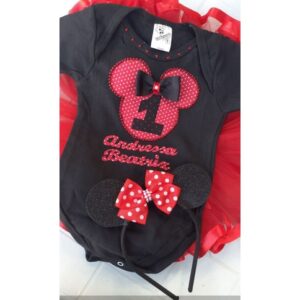 Body Preto da minie vermelha Saia de tutu minnie e tiara Aniversario ou Mesversário