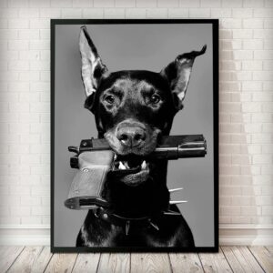 Quadro decorativo 1 peça 40×60 moderno preto branco doberman arma moda luxo cachorro para sala quarto