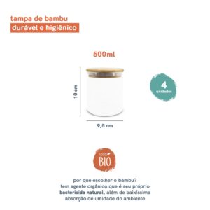 Potes De Vidro p/ Mantimentos 500ml c/ Tampa Bambu – 4 pçs