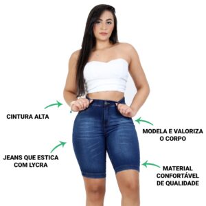 Bermuda Jeans Ciclista Tradicional Calção Feminino Shortes Short Preto, Azul, Claro, Escuro Cintura Alta