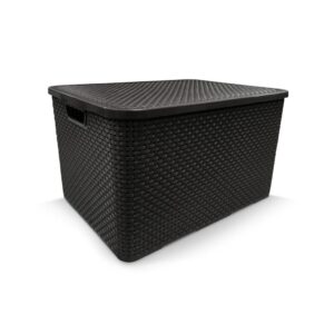 Kit 3 Caixas Organizadoras Cesto Multiuso Rattan 15 Litros Com Tampa Preto Empilhavel