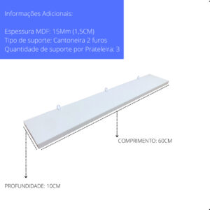 1 Prateleira Branca 60X10 Com Suporte Flutuante Mdf Organizadora Decoração Cozinha Quarto Banheiro
