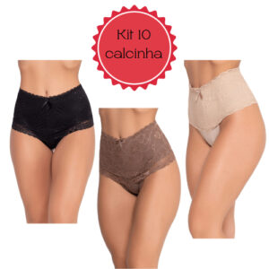 KIT 10 CALCINHA CINTA CÓS ALTO MODELADORA ALGODÃO CONFORTÁVEL COM RENDA FIO DUPLO CINTURA ALTA COTTON