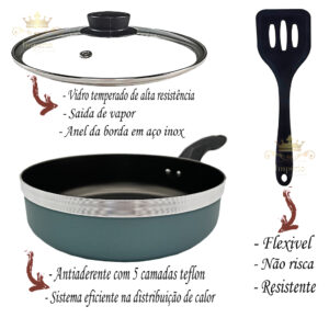Frigideira Antiaderente Alta 24Cm Com Tampa De Vidro Espátula Cor Rosa Cobre Cereja Gold Preta Rouge Turquesa Teflon