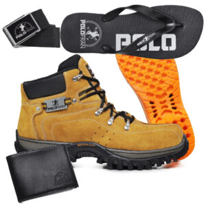 Kit Bota Adventure Polo Fran Preta Coturno Botina em Couro + Chinelo Carteira Cinto Palmilha