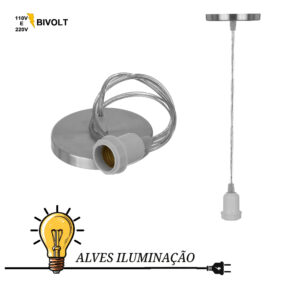 Pendente Fio Luminaria Lustre Cabo Cristal Soquete Coluna E-27 Aluminio