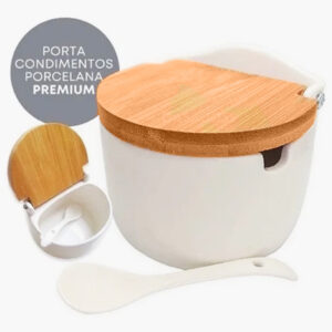 Saleiro Em Porcelana Com Colher E Tampa Em Bambu Ideal Para A Organização De Condimentos – Hauskraft