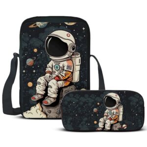 Kit Mochila Com Lancheira E Estojo Escolar Infantil Volta as Aulas Astronauta 4 Lua Espaço Desenhos