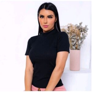 Blusinha Camiseta Feminina Gola Alta Manga Curta Canelada Roupa Super Fashion