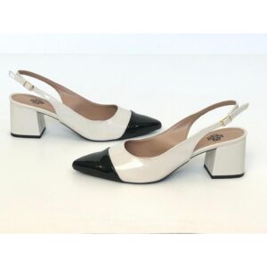 Sapato Feminino Scarpin Salto Bloco Bico Fino Preto Traseiro Aberto Salto Off White