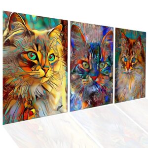 Quadro decorativo gatos coloridos arte abstratas 3 peças sala quarto cozinha e escritório decoração