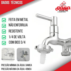 Torneira Máquina De Lavar Dupla Tanque Parede Metal Lavanderia Jardim 1/4 Volta 1428 C65 Cromada