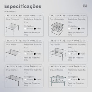 Prateleiras Divisora Organizadores de Armário Cozinha Aramado Kit com 6 peças e individuais