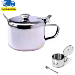 AÇUCAREIRO AÇO INOX COM COLHER E TAMPA PARA COZINHA BAR RESTAURANTE