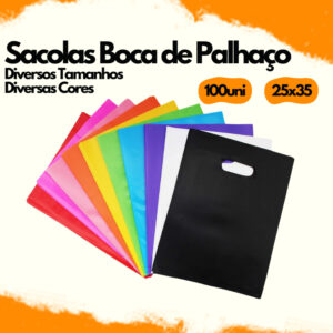 KIT 100UNI SACOLAS PLASTICAS 25X35 BOCA DE PALHAÇO ALÇA VAZADA DIVERSAS CORES