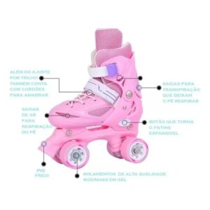 Patins Roller 4 rodas Quad Tamanho Regulável 29 até 40 rosa e azul + Bolsa