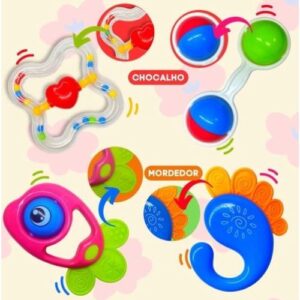Brinquedos Para Bebê Kit com 4 pçs Chocalho + Mordedor Colorido. Envio Imediato.