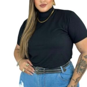 BLUSA FEMININA T-SHIRT GOLA ALTA BÁSICA LISA PLUS SIZE ALGODÃO BLUSA SOCIAL