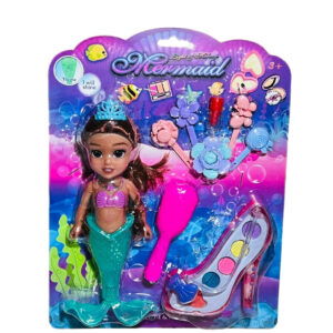 Brinquedo Boneca Ariel Sereia c/ Acessórios de maquiagem com Cauda Que Acende LED