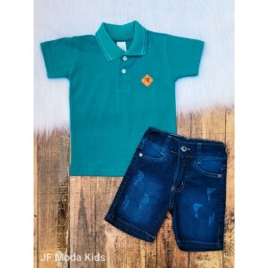 Conjunto Infantil Menino Verão Polo + Short Jeans Com Lycra