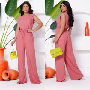 Conjunto Femenino Blusa e Calça tecido Viscolinho com Detalhes no Ombro Cintura com Amarração
