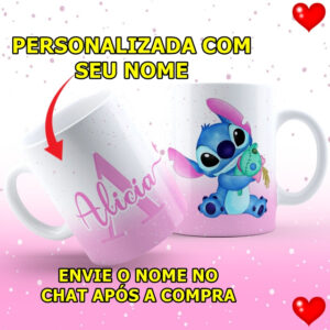 Caneca Porcelana Stitch Lilo Personalizada Com Seu Nome