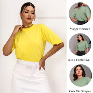 Blusa Feminina Manga Oversized Moderna Gola Alta Simples 100% Algodão