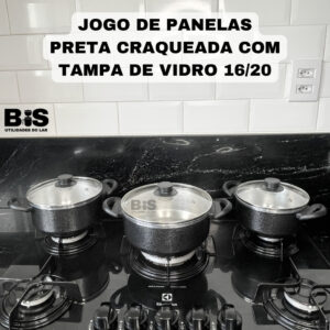 Conjunto 4 Peças Com 3 Panelas Tampa de Vidro 16/18/20 + Panela De Pressão 4,5 Litros Preta