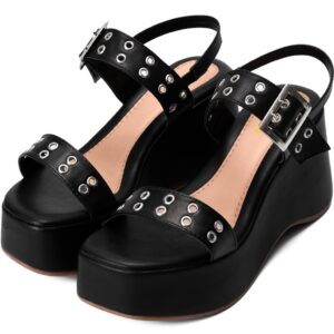 Sandália Feminina Lumiss Fivela Ilhós Anabela Plataforma Confortável Preto