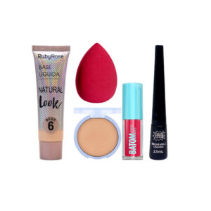 Kit de Maquiagem Base, Pó Compacto, Esponja, Delineador e Batom