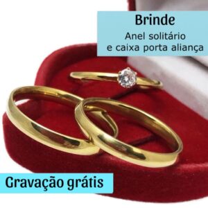 PAR DE ALIANÇA LISA BANHADA A OURO 18K COM ANEL SOLITÁRIO CAIXA PORTA ALIANÇA E GRAVAÇÃO GRÁTIS NOIVADO CASAMENTO 4MM