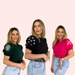 3 Blusas T-shirt Femininas com Manga Princesa e Estampa Silk 3D em Algodão 100% Fio 30, Sofisticação