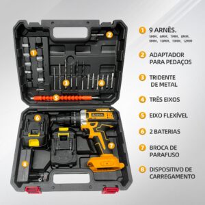 Parafusadeira Furadeira Sem Fio Impacto 2 Bateria Maleta 36v 35N/M