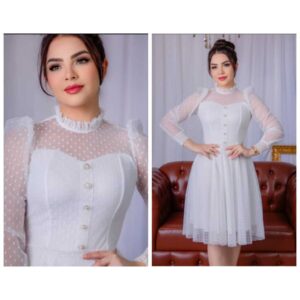 VESTIDO MIDI NO TULE DE POÁ,FORRADO COM MANGAS LONGA E BOTÃO PEROLADO MODA EVANGÉLICA MODA MODESTA