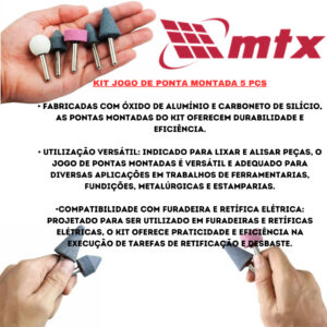 Jogo de Ponta Montada 5 Pçs + Jogo Escova de Aço Circular 3 Pçs Esmeril Furadeira Haste de 6mm MTX