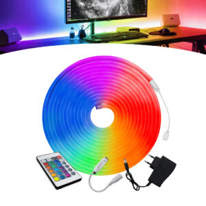 FITA LED NEON RGB 5M SILICONADA IP65 12V FLEXÍVEL COM CONTROLE COM FONTE BIVOLT DECORAÇÃO NATAL