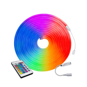 Fita Led Neon RGB 5m Siliconada Ip65 12v Flexível Com Controle Com Fonte Bivolt Decoração Natal
