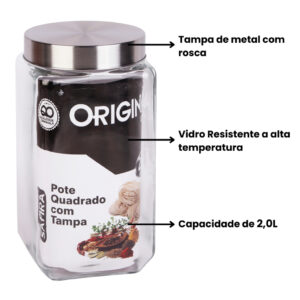 Kit 2 Potes De Vidro 2,0L Quadrado Com Tampa De Rosca Inox Resistente