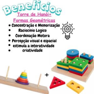 Kit 2 Brinquedos – TORRE DE HANÓI + FORMAS GEOMÉTRICAS – Madeira e EVA – Brinquedos Educativos