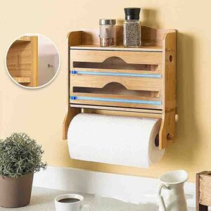 Dispenser 4 em 1 Porta Rolos Duplo Bambu Papel Plástico Filme Alumínio Cozinha Com Cortador