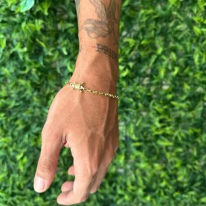 Kit Conjunto Cordão e Pulseira 100% Moeda Antiga com Banho de Ouro e Verniz Tijolinho 3mm Fina Masc