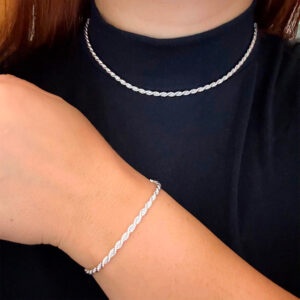 CONJUNTO COLAR E PULSEIRA CORDÃO BAIANO BANHADO A PRATA 925