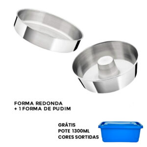 OFERTA 4.4 KIT 2 ASSADEIRAS ALUMÍNIO FORMA DE PUDIM 20 E BOLO 20CM, GRATIS POTE 750ML FM-34-27