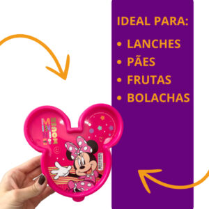 Kit Pote Marmita Rosto Minnie Rosa e Garrafa Com Alça 120ML Garrafinha Lancheira Plasútil