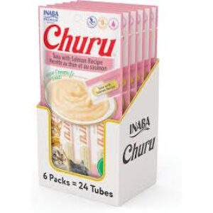 PETISCO CHURU INABA SALMÃO COM ATUM CONTÉM 6 CARTELAS COM 4 TUBOS CADA TOTALIZANDO 24 TUBOS