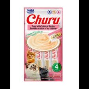 Petisco Churu Inaba SALMÃO COM ATUM contém 6 cartelas com 4 tubos cada totalizando 24 Tubos
