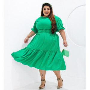 Vestido Midi Plus Size em Viscolinho com Cinto, Vestido Midi Plus Manga Curta com Caimento Perfeito