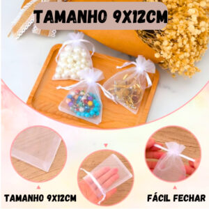 Kit 10/20/50/100 Saco Organza Branco 7×9 9×12 10x15cm Saquinho Tule Lembrancinha Sabonete Joia Aniversário Maternidade
