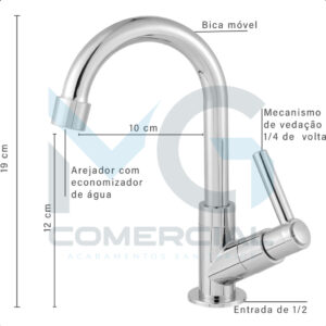Kit Torneira Lavatório Banheiro Bica Móvel ABS 1/4 Volta Cromada com Válvula Click 7/8 Ralo Para Cuba