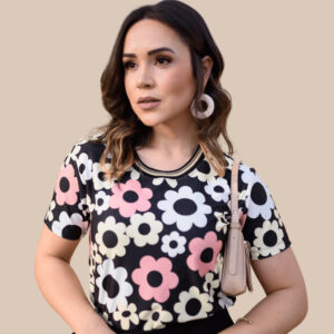 Tshirt Básica Blusa Feminina Camiseta Gola O Estampada Floral com gola O